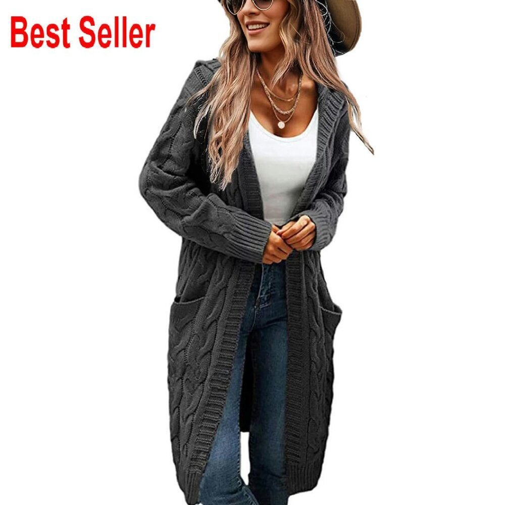 Oversized Cable Knit Cardigan Hooded Chunky Sweater Coat Side Pockets